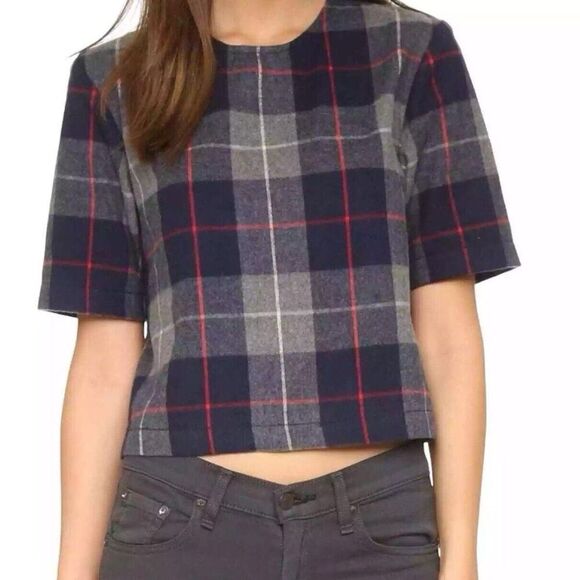 Rag & Bone JEAN Plaid Crop Top S Tartan Short Sleeve Dark Academia Prep Crewneck - Picture 2 of 8